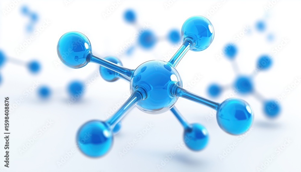 Poster molecular structure with blue connected spherical particles on a white background: visualization of 