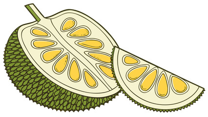 Flat design jackfruit wedge with textured yellow bulb details and clean vector edges, white background.

