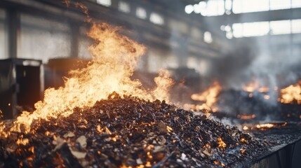 Burning waste in a large industrial incinerator.