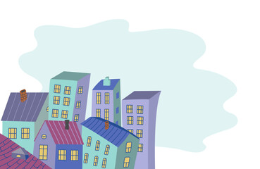 Fototapeta premium Houses, hand drawn city. Banner with space for text. Drawing, doodle. Colorful houses. Cartoon buildings, chimney. Architecture, construction. Drawing, doodle background.