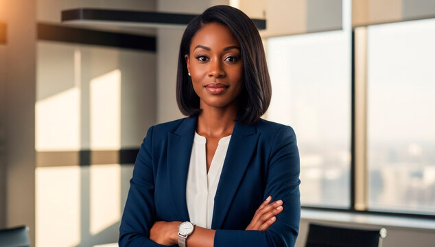 Portrait of a confident african american businesswoman in a suit with arms crossed smiling