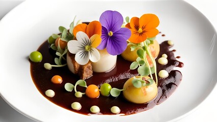 A beautifully styled dish featuring a vibrant fusion of traditional and modern culinary techniques, showcasing a delicate arrangement of edible flowers, microgreens, and a rich, velvety sauce. The lig