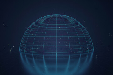 Abstract futuristic digital sphere with glowing blue light emanating from below on a dark background