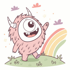 A cheerful pink monster with one eye waving next to a rainbow on a grassy hill under fluffy clouds