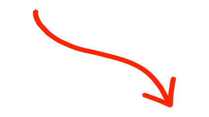A single bright red hand drawn arrow pointing downwards and to the right against a stark black background