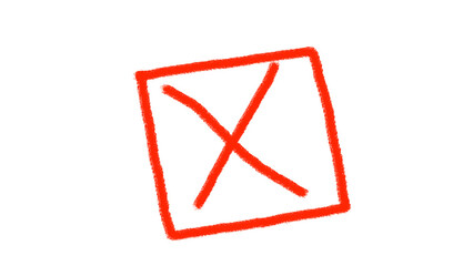 A bright red neon glowing x symbol inside a square frame against a stark black background representing a negative choice or incorrect answer