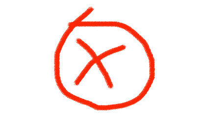 A bold bright red hand drawn x mark inside a rough circle against a stark black background symbolizing error or incorrect choice