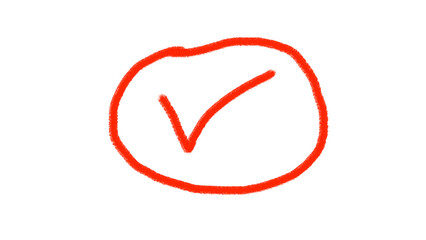 A bright red hand drawn check mark inside a circular outline against a stark black background symbolizing completion or confirmation