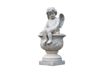 Elegant marble cherub statue sitting on ornate pedestal on transparent background, PNG