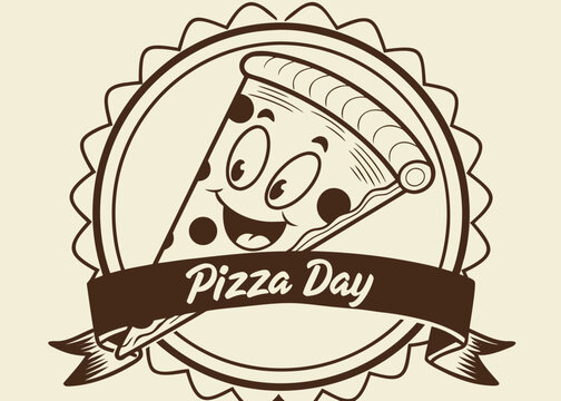 Happy pizza slice character celebrating pizza day