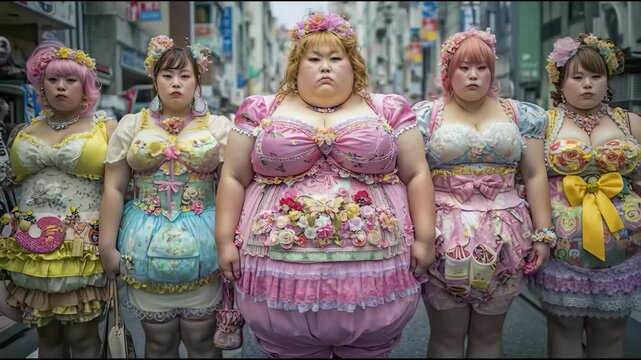 個性的なロリータファッションのぽっちゃり系日本人女性グループ