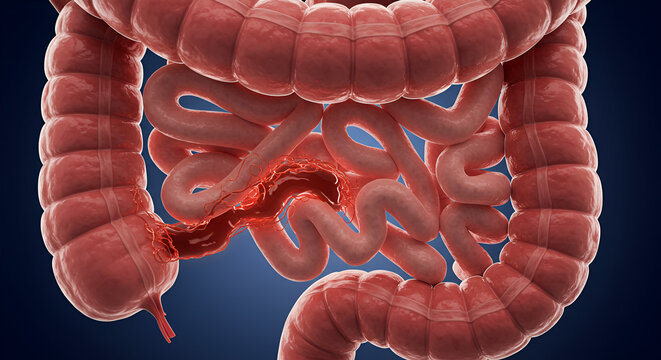 Medical rendering showing intestinal perforation due to infection