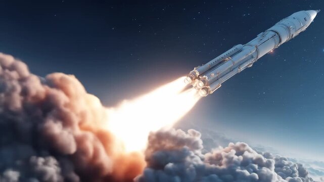 Space rocket launching on dark sky with trail of fire and smoke. Spaceship flight over cloud in blue night sky.