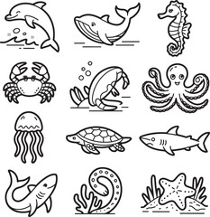 Playful marine creatures and plants in black and white dolphin whale