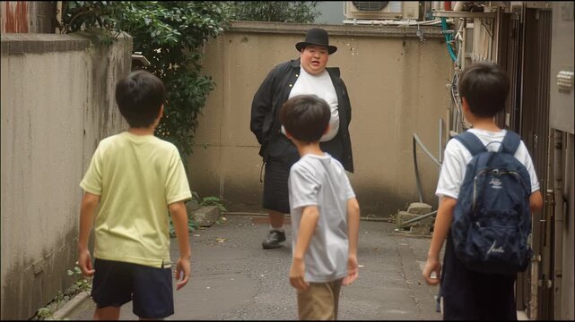黒い帽子の肥満の少年の洒落た動きのあいさつ