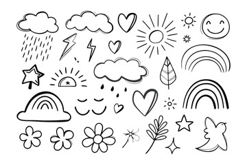 Cloudy doodles: whimsical doodle drawings create a sense of joy, a captivating collection of hand-drawn illustrations, each filled with delightful details, bringing imagination and cheer.