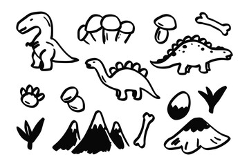 Naklejka premium Dinosaur doodles: Whimsical outlines of various dinosaurs and prehistoric elements in a charming doodle style, perfect for playful designs and creative projects.