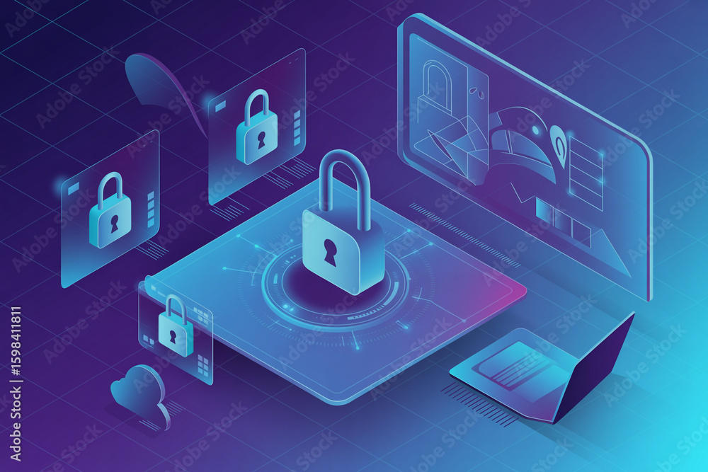 Poster digital security and data protection concept with glowing locks and abstract technology elements