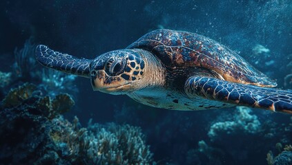 Obraz premium Sea turtle swimming amidst vibrant coral reef