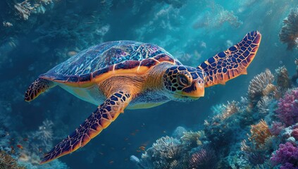 Obraz premium Sea turtle in vibrant coral reef