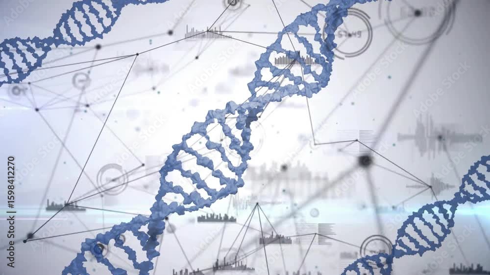 Poster on data load blue dna helix rotating revealing parts while network nodes pulsing showing data flow