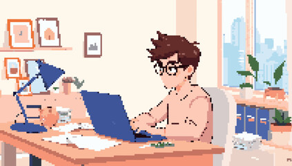 Pixelated Person Working at Desk with Laptop Near Window