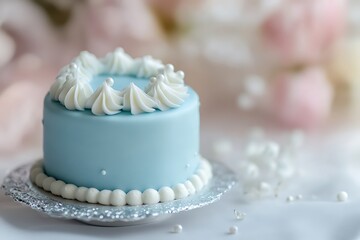 A baby blue mini cake with smooth icing and a single white sugar pearl on a soft pastel backdrop 