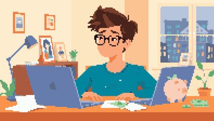 Pixel Art: Man Working at Desk with Two Laptops