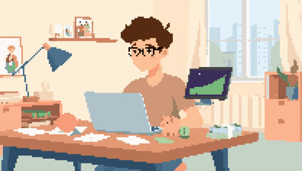 Pixelated Man Working on Laptop at Desk with Money
