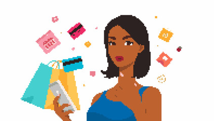 Pixelated Woman Shopping Online with Phone and Shopping Bags