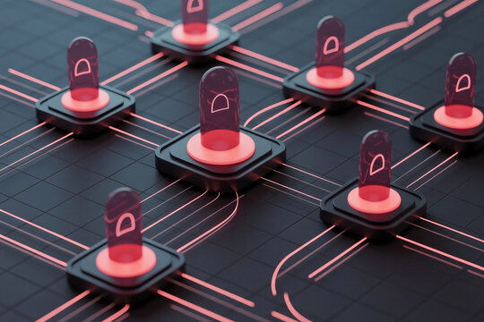 Abstract digital network of glowing nodes connected by illuminated circuits on a dark background - Powered by Adobe