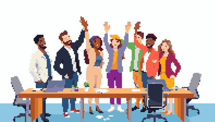 Pixelated Office Team Celebrating Success