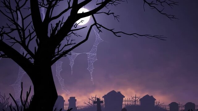 満月を背に舞うコウモリのハロウィンループ背景、不気味な墓地と月夜のコウモリアニメーション