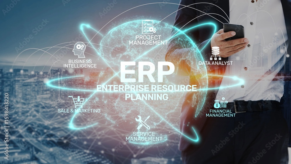Aufkleber erp platform visual showing centralized system for enterprise resource planning, improving integrati