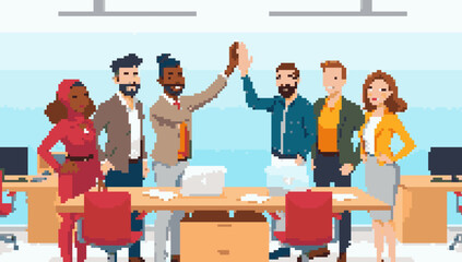 Pixelated Office Scene: Celebrating Team Success Together