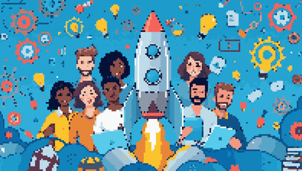 Diverse Startup Team Launching Rocket into the Future