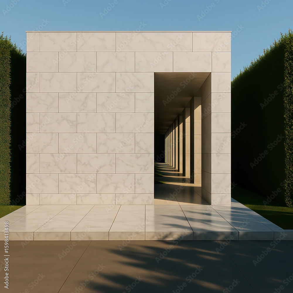 Poster a minimalistic, architecturally significant building bathed in sunlight, creating an interplay of li