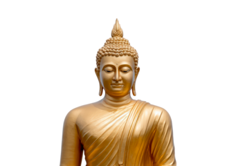 Golden buddha statue with intricate details on transparent background, PNG