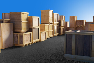 Group of stacked wooden crates on asphalt surface ready for packaging, transport, and export under...