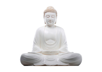 Serene white buddha statue in meditation pose on transparent background, PNG