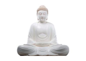 Serene white buddha statue in meditation pose on transparent background, PNG