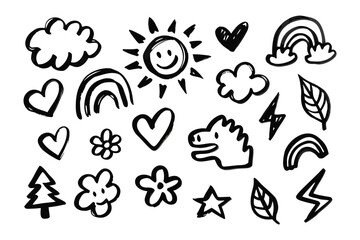 Fototapeta premium Joyful Sketchbook: A collection of hand-drawn elements including smiling sun, clouds, hearts, rainbows, a flower, leaves, and star create a whimsical, childlike illustration.