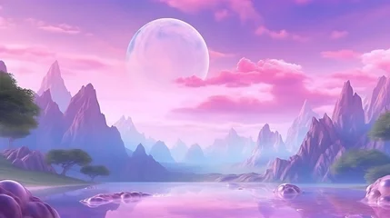Fototapeten A fantasy landscape with giant transparent bubbles floating in the sky, shimmering rainbow colors reflecting off their surfaces, surreal mountain peaks beneath glowing in soft purple light. © Alisha