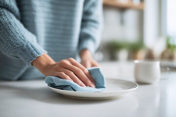 Fototapeta premium Close-up of hands using a microfiber cloth to clean a white plate on a kitchen counter, emphasizing home cleanliness.