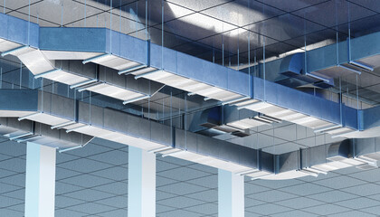 Industrial air ventilation ducts and HVAC system mounted on a modern suspended ceiling for climate...