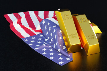 Shiny gold bars placed on a draped United States flag symbolizing wealth, investment, and national...