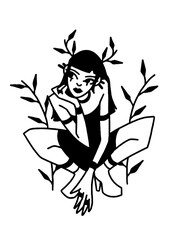 Fantasy art: dark-haired girl with deer antlers in a botanical setting