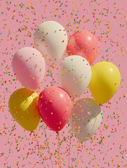 Vibrant balloons surrounded by scattered confetti on a pink background, perfect for festive and joyful celebration themes.