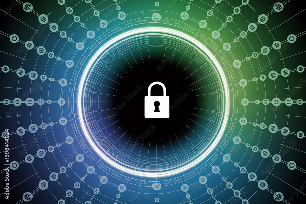 Poster digital padlock icon at the center of a glowing circular network representing cybersecurity and data
