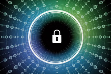 Digital padlock icon at the center of a glowing circular network representing cybersecurity and data protection